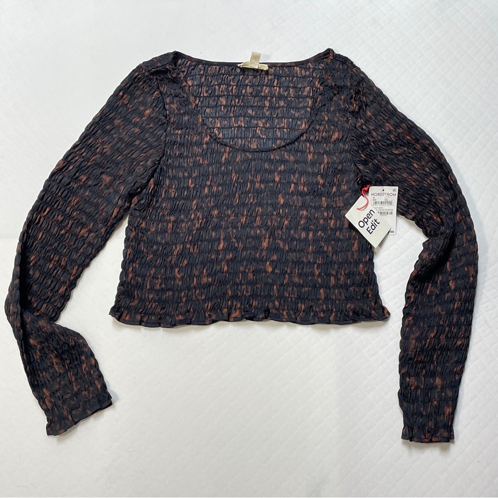 Open Edit Brown Black Long Sleeve‎ Ruched Crop Top women’s size Medium - Picture 8 of 13